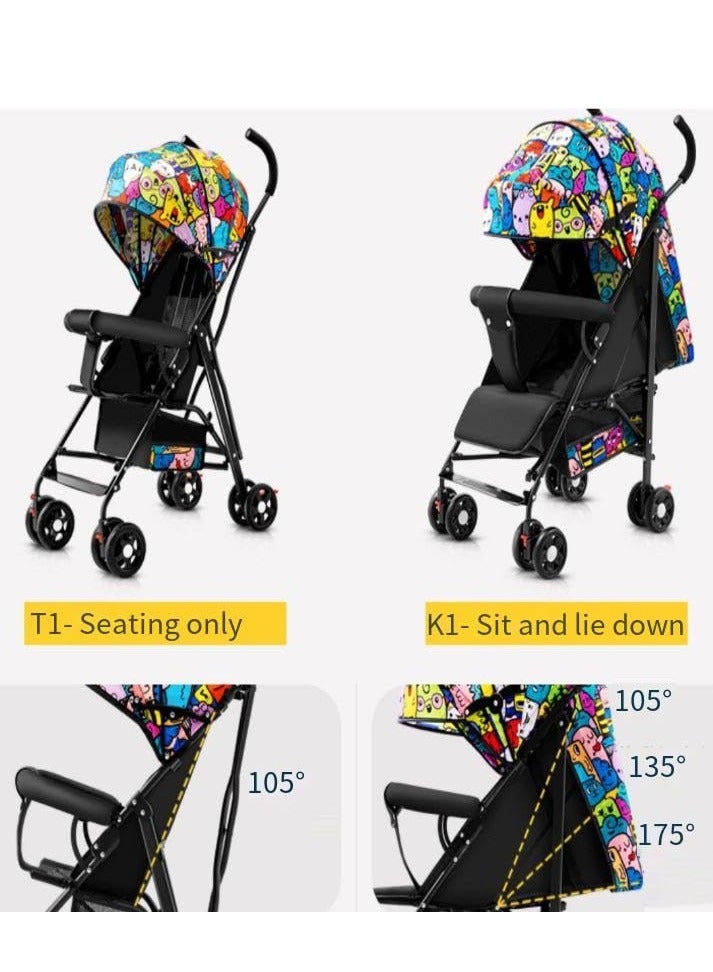 Baby Stroller, Folding Compact Travel Stroller, Small Children's Stroller with Adjustable Backrest, Footrest, Storage Basket and Extra-Large Canopy Cup Holder Black Big