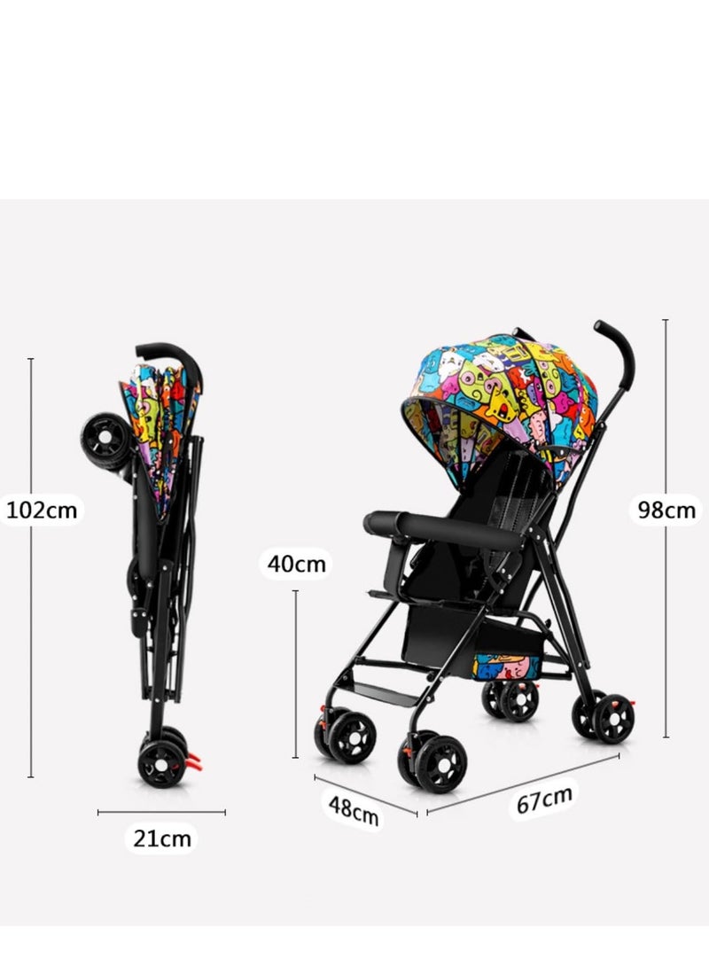 Baby Stroller, Folding Compact Travel Stroller, Small Children's Stroller with Adjustable Backrest, Footrest, Storage Basket and Extra-Large Canopy Cup Holder