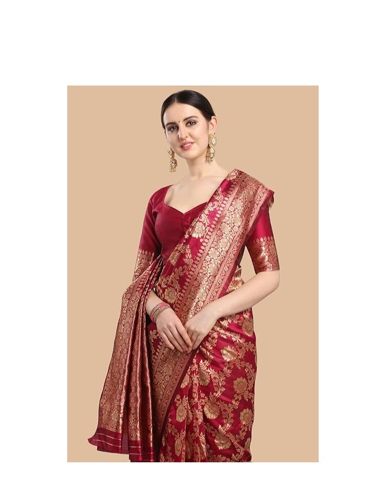 Women's Kanchipuram Silk Half and Half Woven Saree With Blouse Piece