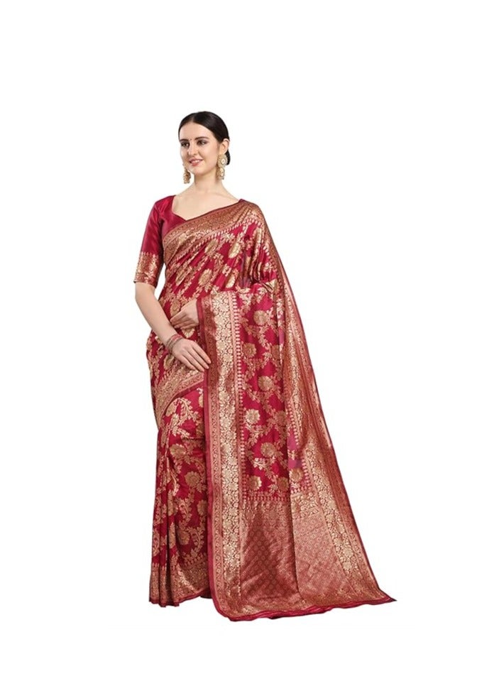 Women's Kanchipuram Silk Half and Half Woven Saree With Blouse Piece