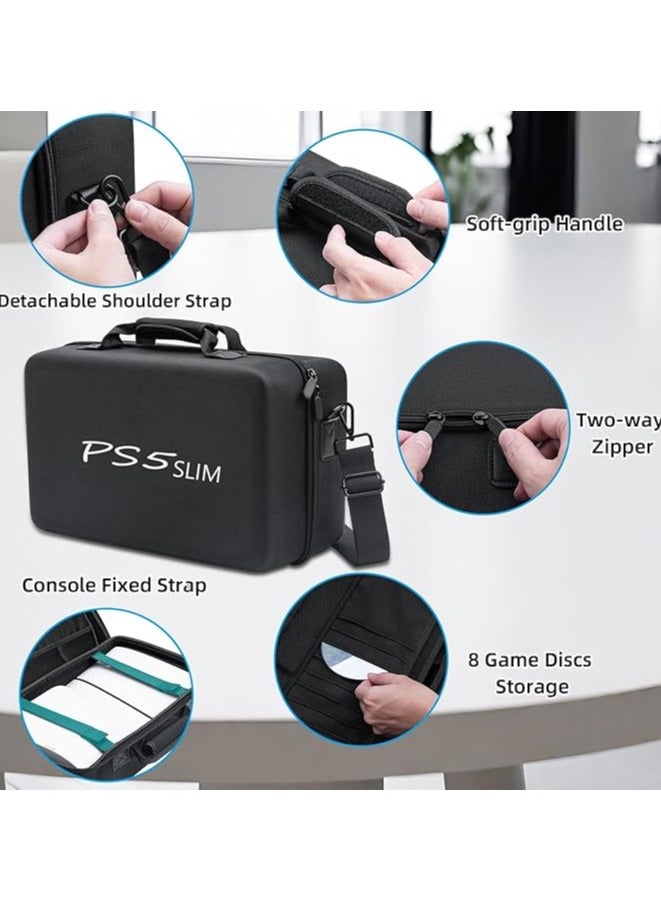 PS5 SLIM Travel Storage Bag for Ps5 Slim Shockproof Hard Shell Bag Luxury Waterproof Shoulder Bag for Playstation 5 Slim Console & Accessories Storage Organizer Double Black