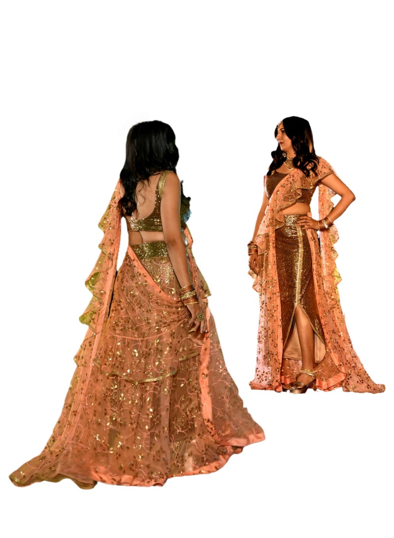 Trendy Indo Western Style Sequence Golden Skirt With Net Embroidery Lehenga Having Ruffle And Stitched Medium Size Blouse