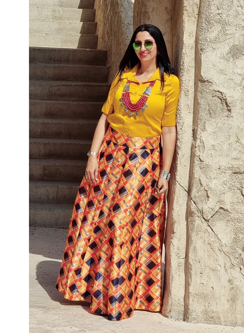 Ready To Wear Raw Silk Digital Print Skirt With Half Sleeve Shirt