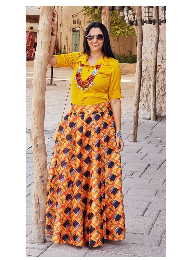 Ready To Wear Raw Silk Digital Print Skirt With Half Sleeve Shirt