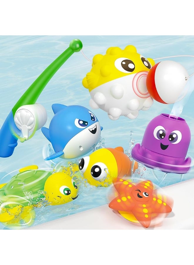 JOYIN Baby Bath Toy Set - Magnetic Fishing Toy with Fishing Rod, Soft Puffer & Clown Fish, Spinning Octopus and Starfish, Wind-up Shark and Turtle - Sensory Development for Infants & Toddler