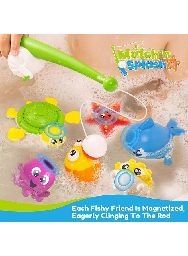 JOYIN Baby Bath Toy Set - Magnetic Fishing Toy with Fishing Rod, Soft Puffer & Clown Fish, Spinning Octopus and Starfish, Wind-up Shark and Turtle - Sensory Development for Infants & Toddler