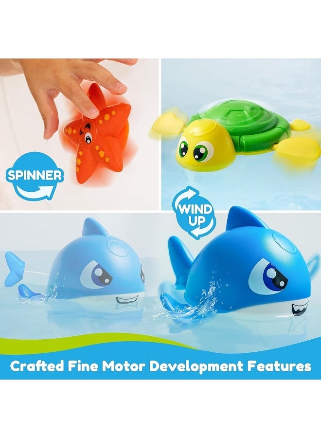 JOYIN Baby Bath Toy Set - Magnetic Fishing Toy with Fishing Rod, Soft Puffer & Clown Fish, Spinning Octopus and Starfish, Wind-up Shark and Turtle - Sensory Development for Infants & Toddler