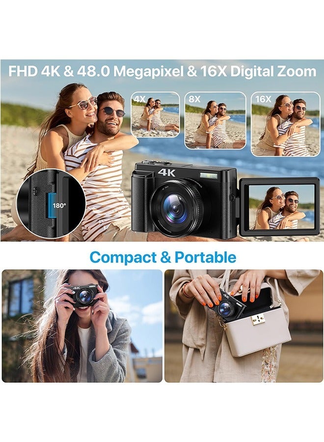 4K Digital Camera Photography Autofocus 48MP 8 Megapixel Camera With Sd Card, Lens Angle 75°, 3.0 Inch Screen Video Recording Camera Youtube Video Compact Camera, 16x Digital Zoom, 1 Battery