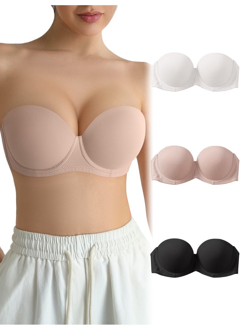 3Pcs Women Everyday Strapless Bra Underwire support non slip bra comfortable fabric