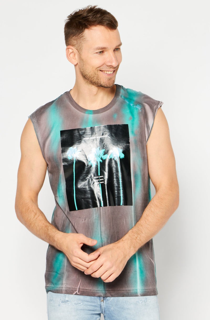Men Crew Neck Sleeveless Graphic Tank Top, Green