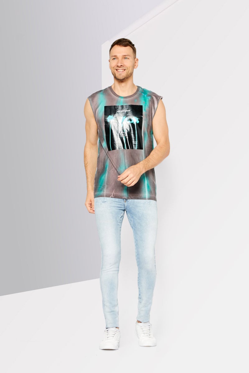 Men Crew Neck Sleeveless Graphic Tank Top, Green