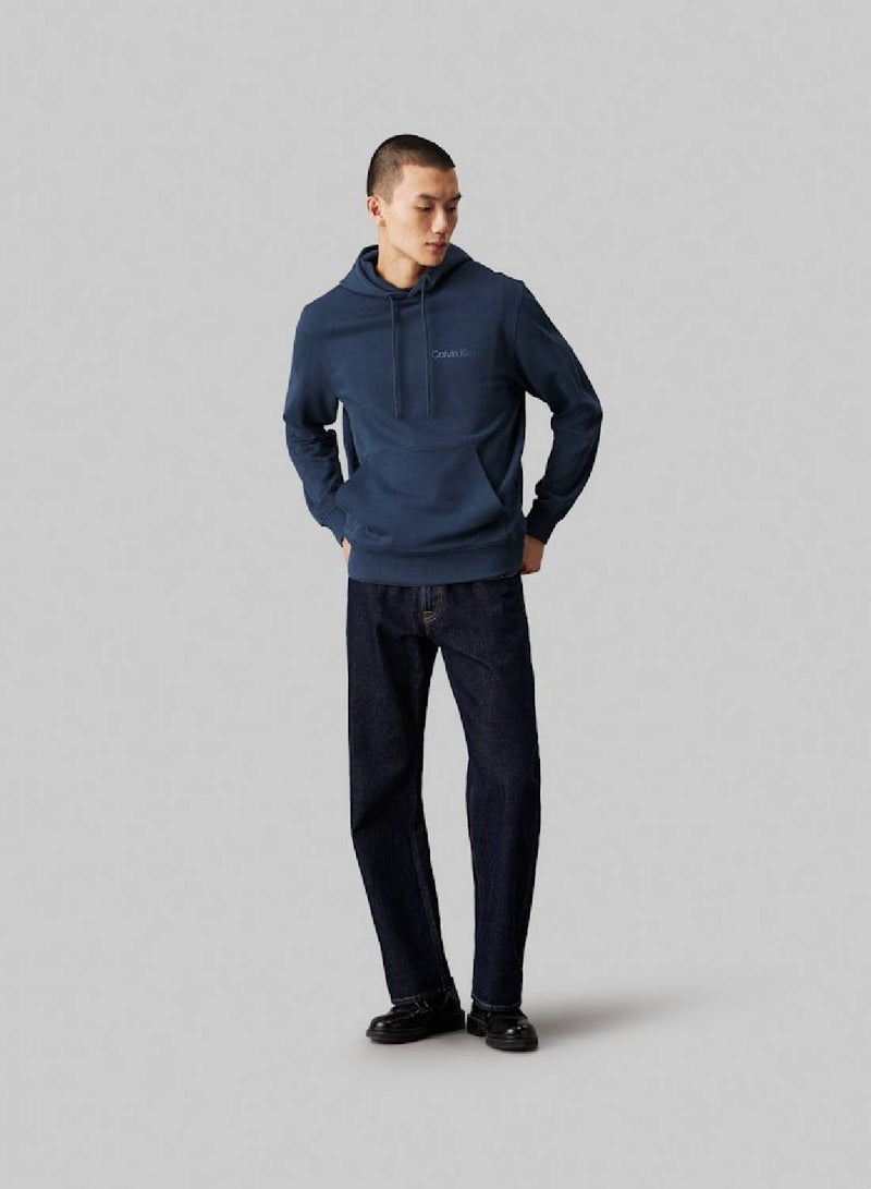 Men's Cotton Terry Logo Hoodie, Blue - Cotton