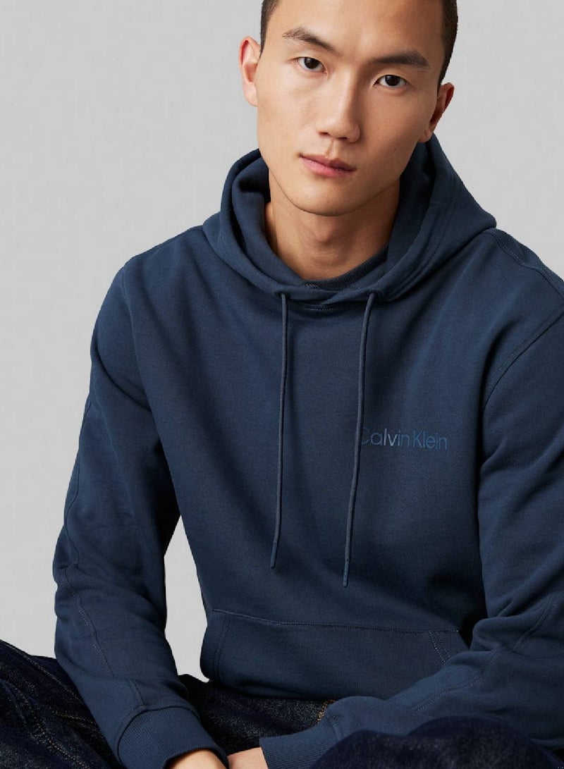 Men's Cotton Terry Logo Hoodie, Blue - Cotton