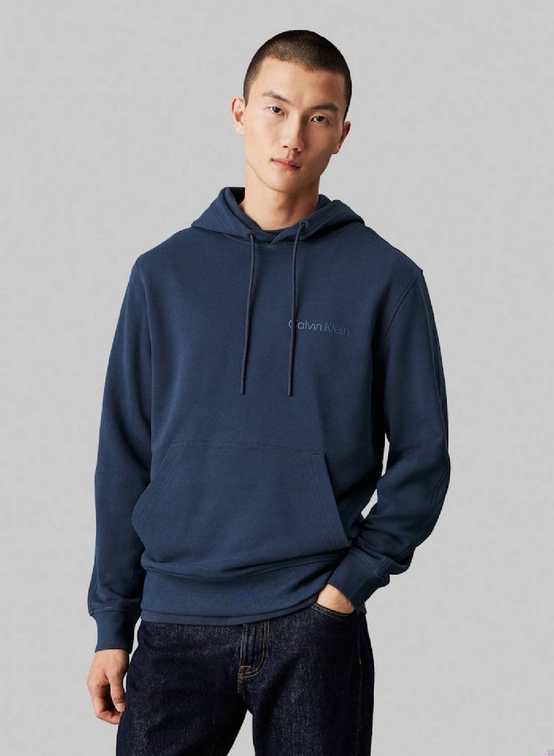 Men's Cotton Terry Logo Hoodie, Blue - Cotton