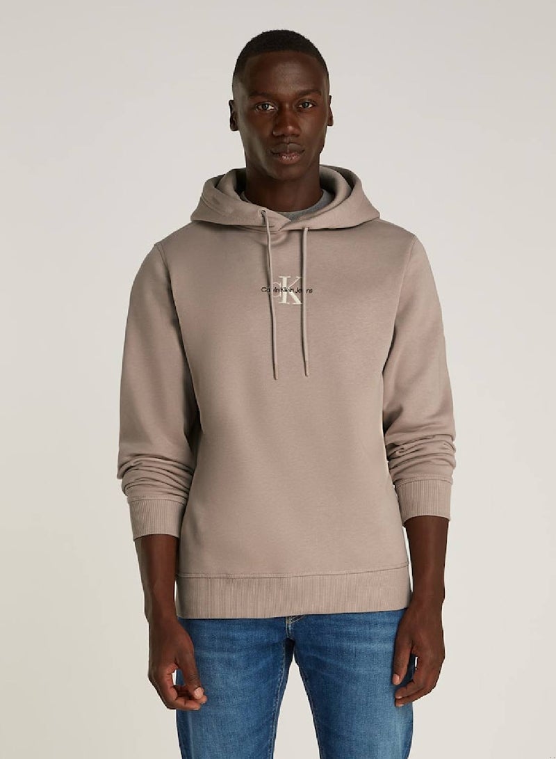 Men's  Monologo Pullover Hoodie , Grey - Cotton Blend