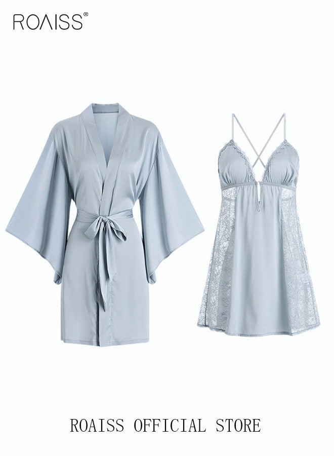 2 Piece Nightgown Set Women's Sweet Halter Nightdress Lace Lingerie Sleepwear Home Dress Set Romantic Elegant Pajamas Ladies Spring Autumn Robe Loungewear