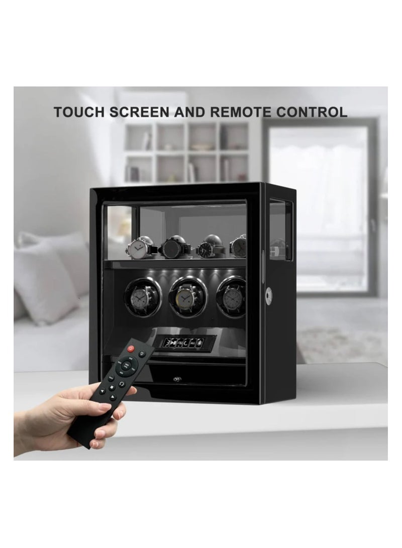 Dukwin Luxury Watchwinder with Fingerprint Lock 3 Watch Winders with Extra 4 Watches Storage LCD Remote Control - Black