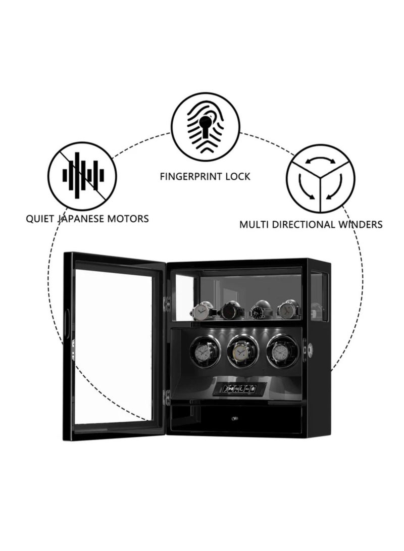 Dukwin Luxury Watchwinder with Fingerprint Lock 3 Watch Winders with Extra 4 Watches Storage LCD Remote Control - Black