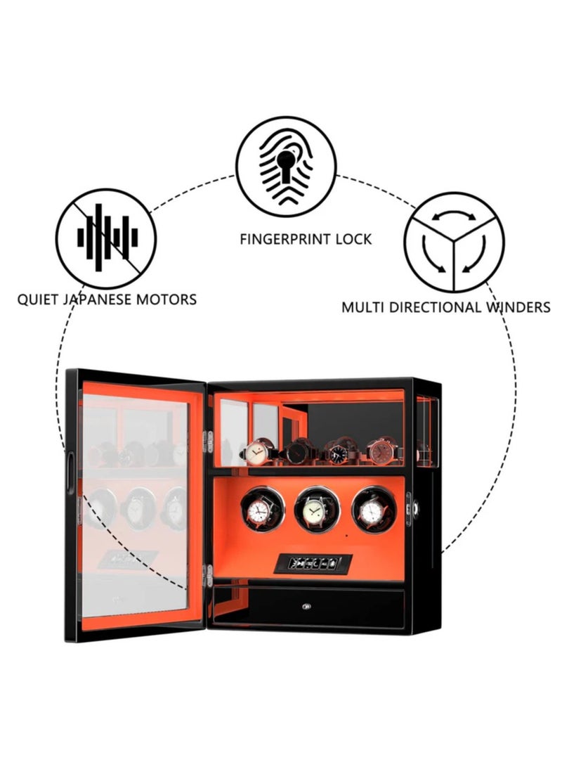 Dukwin Luxury Watchwinder with Fingerprint Lock 3 Watch Winders with Extra 4 Watches Storage LCD Remote Control - Black