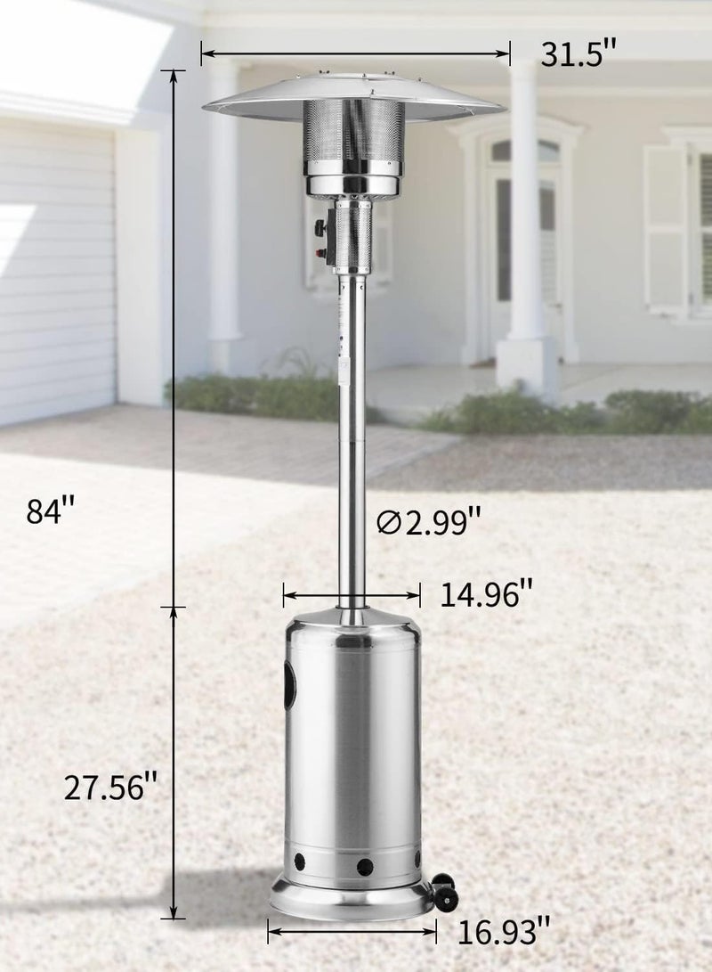 Patio Heater Mushroom Style, Gas Mashroom Patio Heater Outdoor Garden Stainless Steel Wheels Quartz Glass Flame Tube 3-Fold Protection (Stainless Steel)