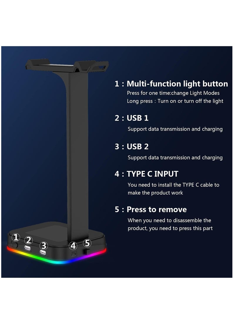 RGB Gaming Headphone Stand, Headset Stand with 1 USB Port, Headset Holder Hanger Base for Gamers Desktop Game Earphone Accessories, Designed for Gaming Headsets or Wireless Headsets for Xbox, PS5, PC