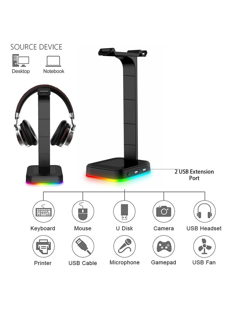 RGB Gaming Headphone Stand, Headset Stand with 1 USB Port, Headset Holder Hanger Base for Gamers Desktop Game Earphone Accessories, Designed for Gaming Headsets or Wireless Headsets for Xbox, PS5, PC