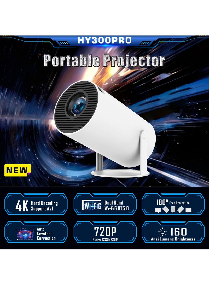 Smart Portable Projector Home Cinema Stereo Karaoke Projector Dual Band WiFi6 +BT5.0 Module Rotates 180° Manual focus and Automatic Keystone Correction Technology White