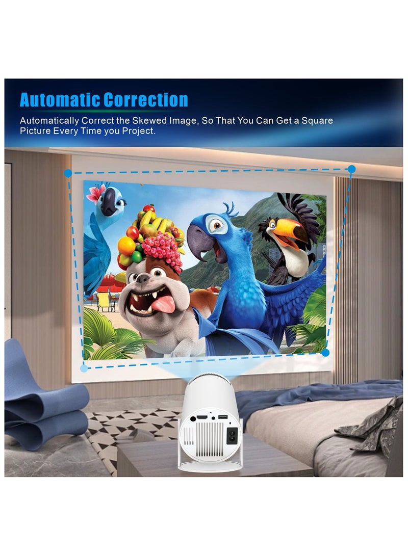 Smart Portable Projector Home Cinema Stereo Karaoke Projector Dual Band WiFi6 +BT5.0 Module Rotates 180° Manual focus and Automatic Keystone Correction Technology White