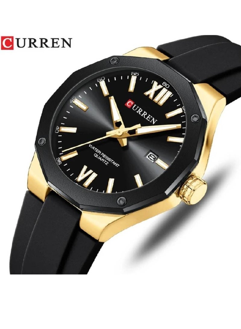 CURREN 8465 Men's Black Gold Watch | Waterproof Silicone Strap, Sports Quartz, Luxury Fashion Bracelet Timepiece