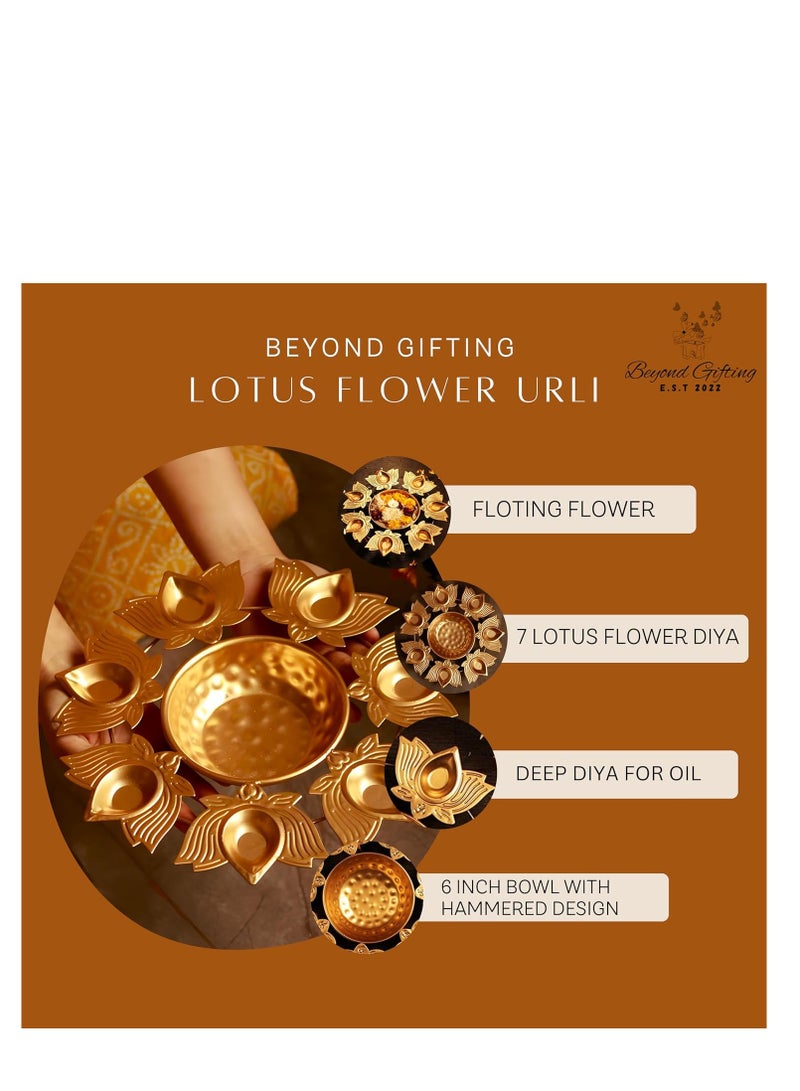 Beyond gifting lotus shape diya flower urli handcrafted bowl for floating flowers and tea light candles home living room office and table decor diwali decoration Items premium metal color gold (10inch)