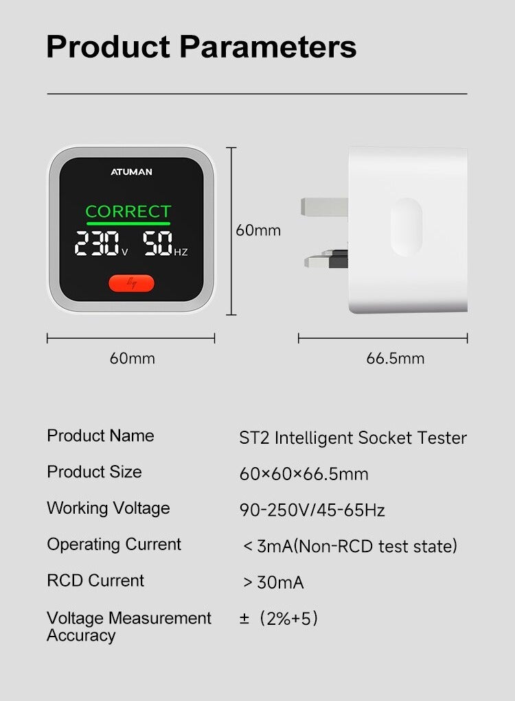 Smart Socket Tester ST2 Compact Low Energy Consumption High Sensitivity for Electrical Socket Wires Verification Wide Voltage Range Convenient to Use UK Plug