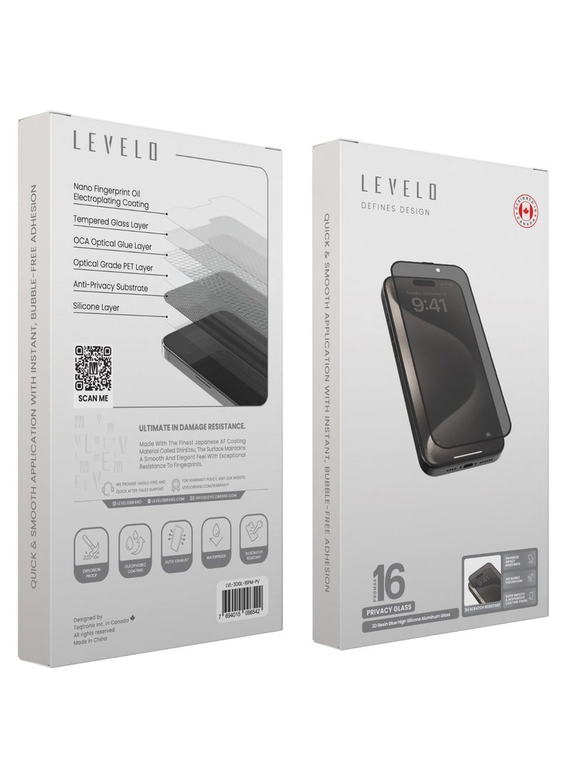 3D Privacy Screen Protector for iPhone 16 Pro Max with Super Smooth & Responsive Coating Finish / Resin Glue / High Silicone Aluminum Glass - Privacy
