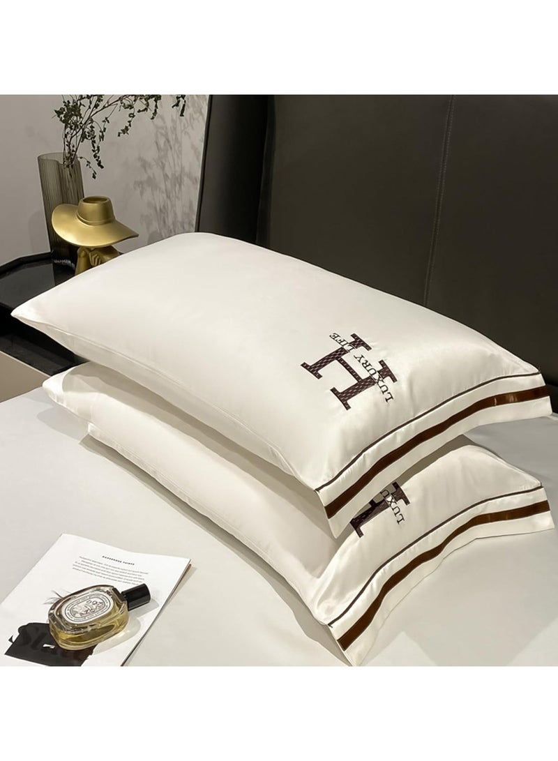 Satin Bed Sheets Soft 4PCS Sheet Set Cooling Silk Bedding Set with Deep Pocket Fitted Sheet Quilt Cover and Pillowcase (Beige)