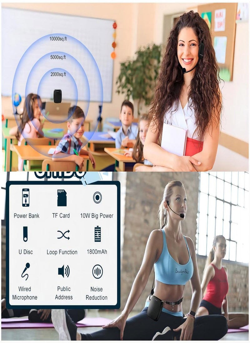 Wireless Voice Amplifier, Portable Mini Voice Amplifier with Wired Microphone Headset Waistband, Supports MP3 Format Audio for Teachers, Singing, Coaches, Training, Presentation, Tour Guide