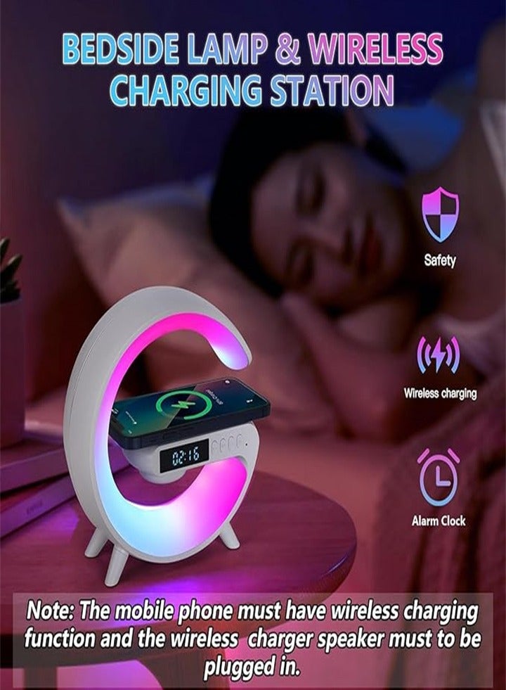 New Bedside Lamp with Wireless Speaker Charging Alarm Clock, 4 in 1 Smart LED Lamp, Wireless Phone Charger, Alarm Clock and Mood Light for Bedside Home Decor/Gift, Party