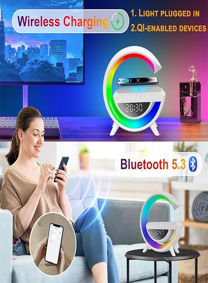 New Bedside Lamp with Wireless Speaker Charging Alarm Clock, 4 in 1 Smart LED Lamp, Wireless Phone Charger, Alarm Clock and Mood Light for Bedside Home Decor/Gift, Party