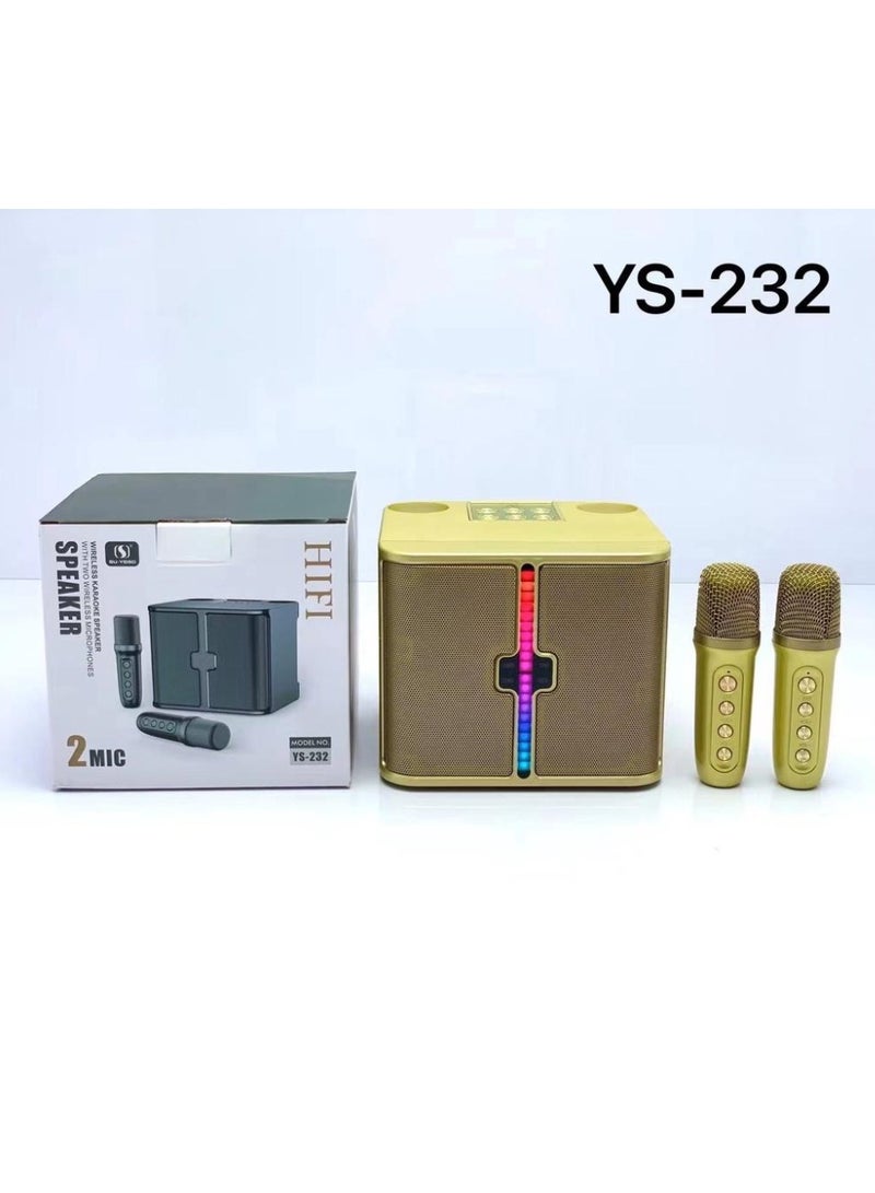 YS-232 Light Wireless Karaoke Speaker Small Stereo Bluetooth Speaker With Double Wireless Microphones Golden