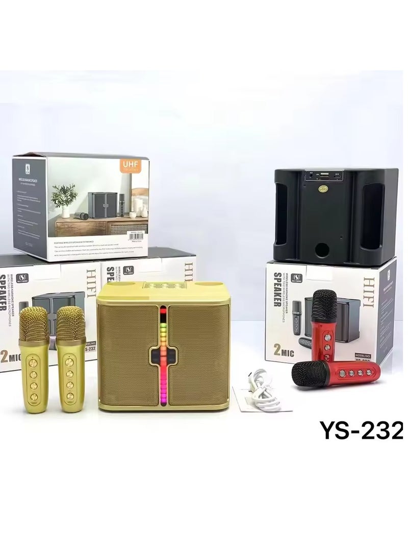 YS-232 Light Wireless Karaoke Speaker Small Stereo Bluetooth Speaker With Double Wireless Microphones Golden