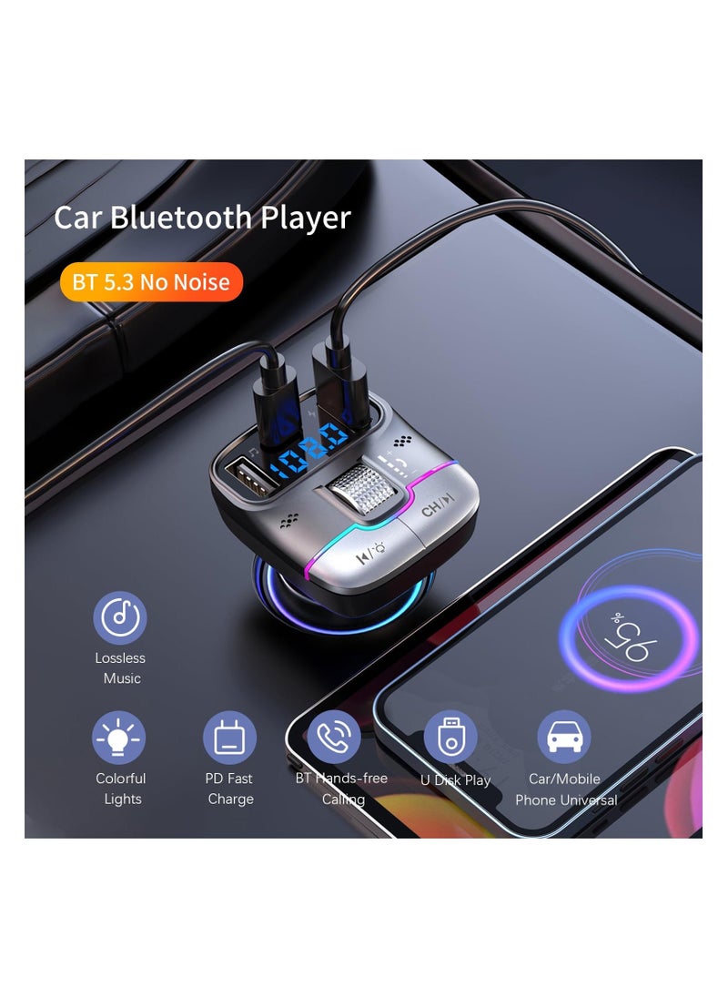 Bluetooth 5.3 FM Transmitter for Car, FM Transmitter Bluetooth ，Lag-Free Music Streaming, Bluetooth Car Adapter-Premium Sound, PD 30W Fast Charger Car Bluetooth Adapter