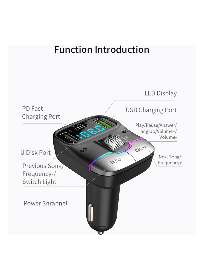 Bluetooth 5.3 FM Transmitter for Car, FM Transmitter Bluetooth ，Lag-Free Music Streaming, Bluetooth Car Adapter-Premium Sound, PD 30W Fast Charger Car Bluetooth Adapter