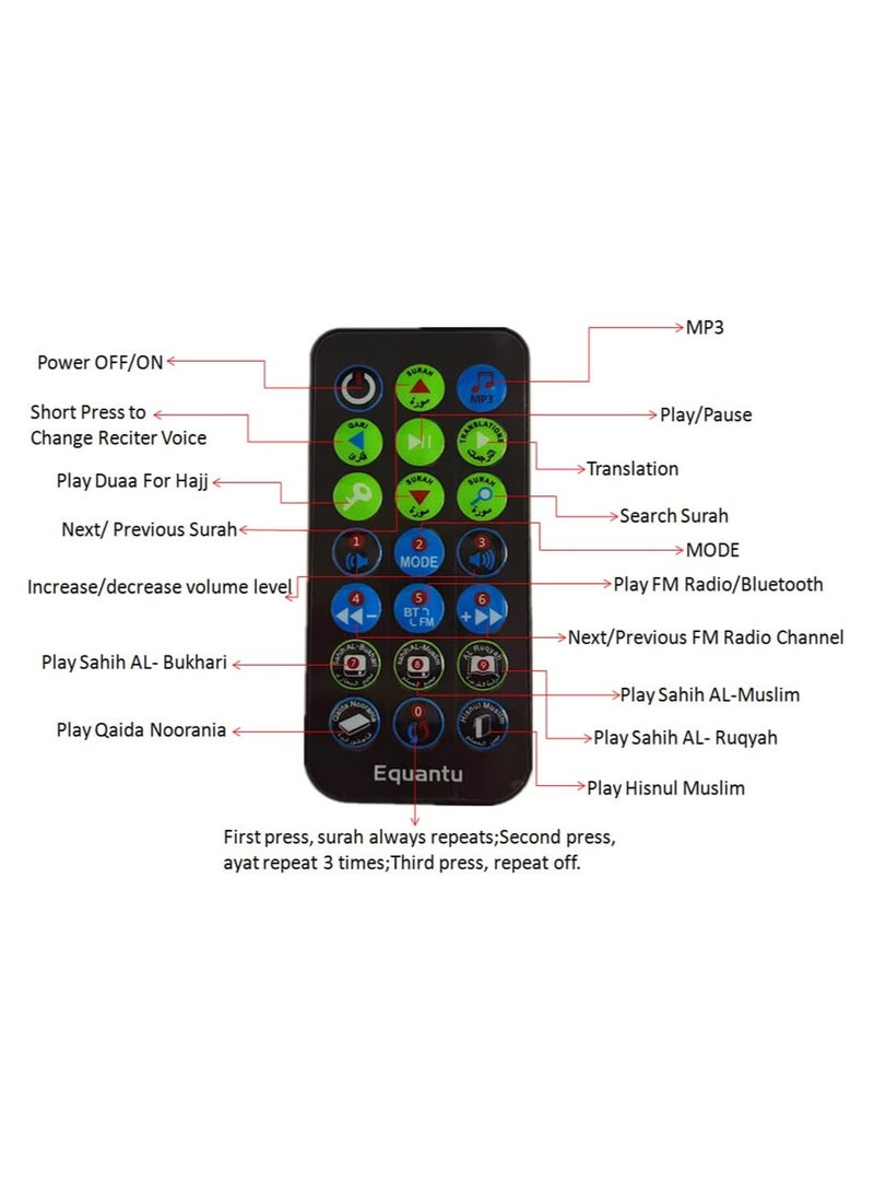 Digital Quran Player,Quran Speaker with Remote Control,USB Rechargeable Speaker,Remote Control Speaker Portable,8GB TF FM Quran Translator,Over 18 Reciters,15 Translations Available(Black)