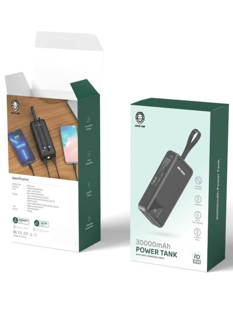 Power Tank Power Bank 30000mAh PD 22.5W with Fast Charging Cable - Black