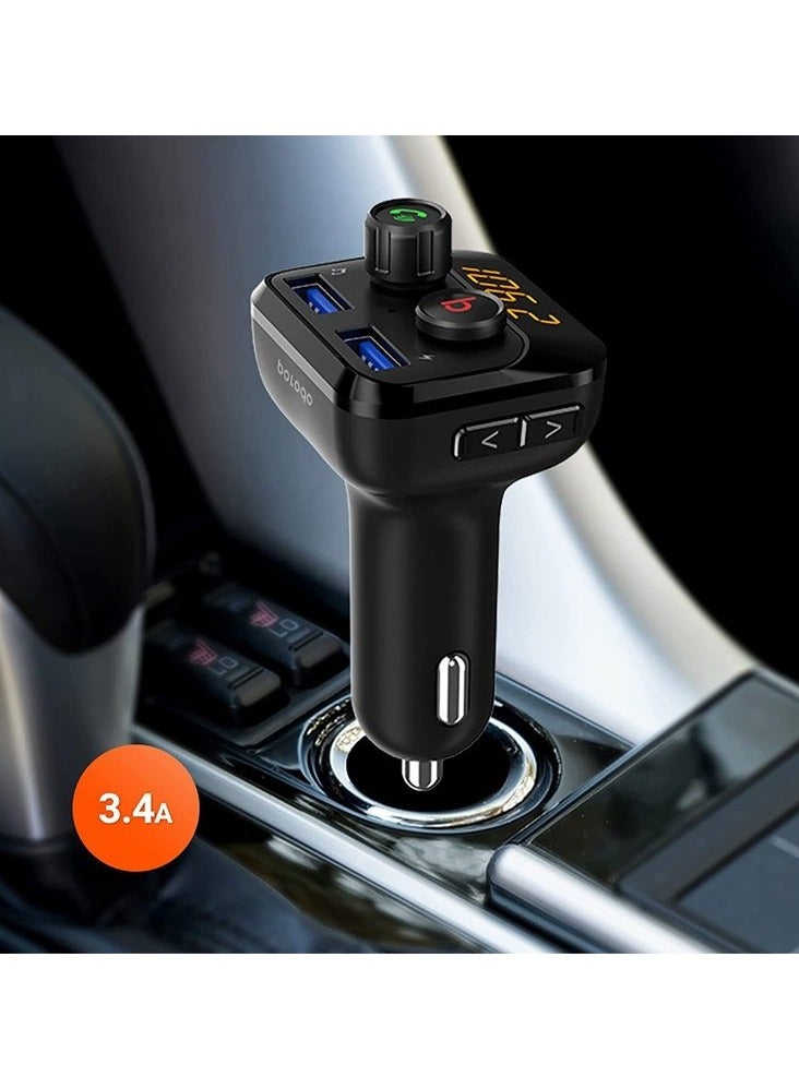 Wireless FM Transmitter Car Charger 3.4A with Bass Boost - Black