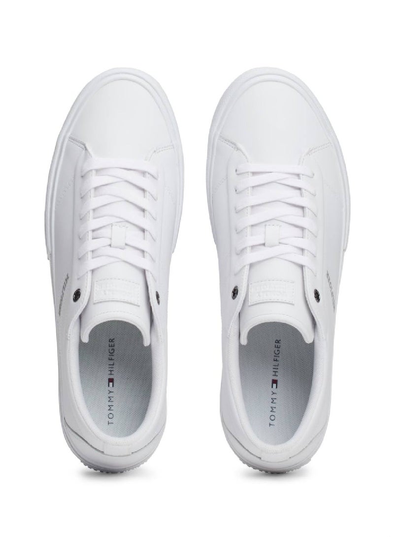 Men's Leather Logo Lace-Up Trainers, White - Leather