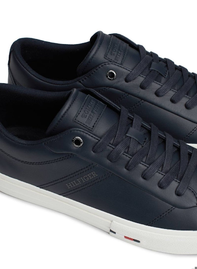 Men's Leather Logo Lace-Up Trainers, Blue - Leather