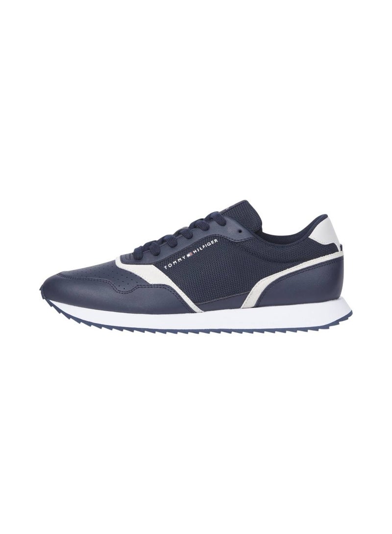 Men's Leather Serrated Runner Trainers, Blue - Leather