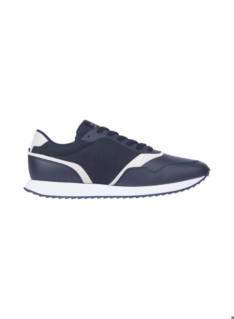 Men's Leather Serrated Runner Trainers, Blue - Leather