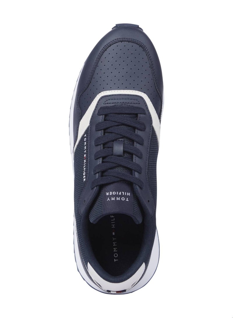 Men's Leather Serrated Runner Trainers, Blue - Leather