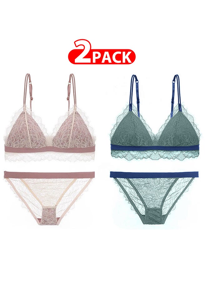 2 Packs For Women's Medium Size Bra and Panty Set Bra Lace Lash Floral Briefs Underwear Triangle Cup Young Girls Underwear Lingerie Bra and Panties Set Multicolour