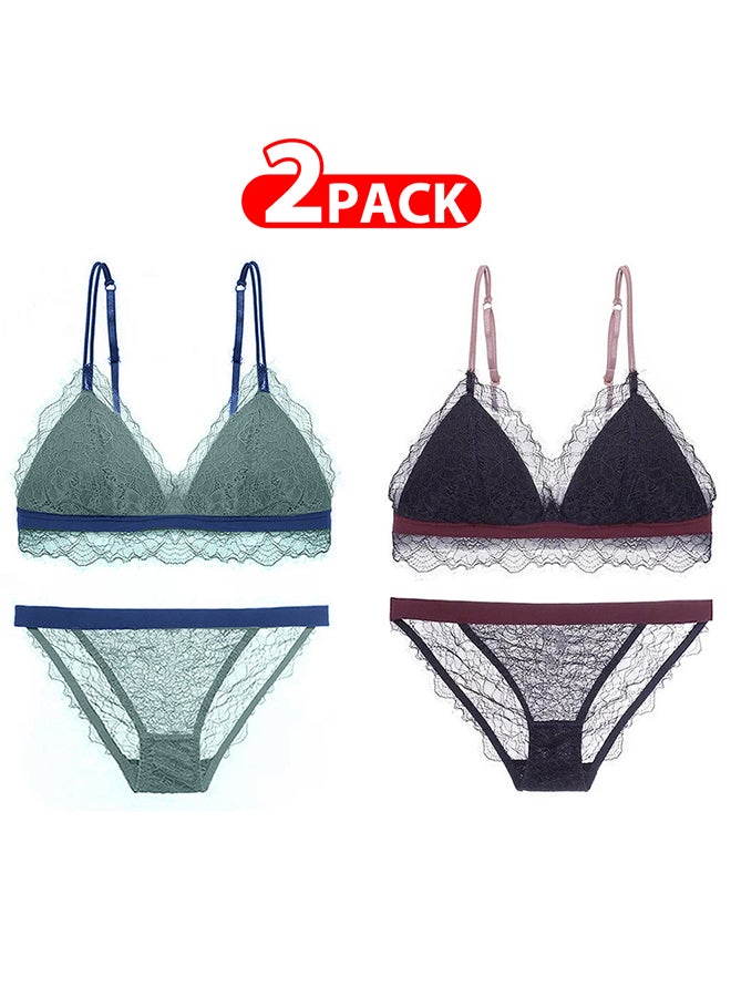 2 Packs For Women's Medium Size Bra and Panty Set Bra Lace Lash Floral Briefs Underwear Triangle Cup Young Girls Underwear Lingerie Bra and Panties Set Multicolour